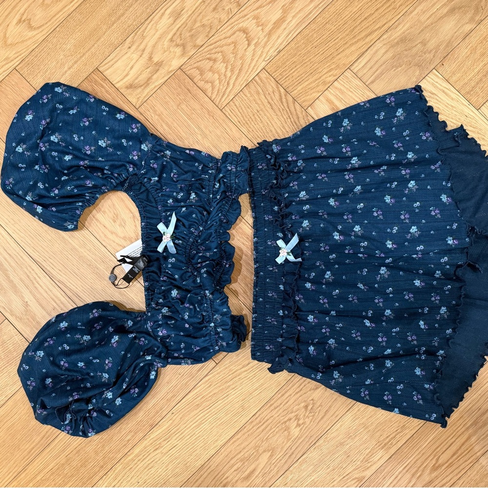 Navy Floral Puff Sleeve Crop pajama set